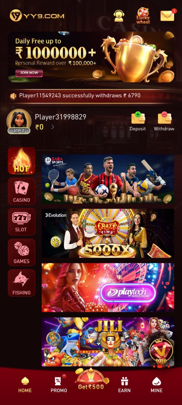 YY9 Game app homepage interface on mobile